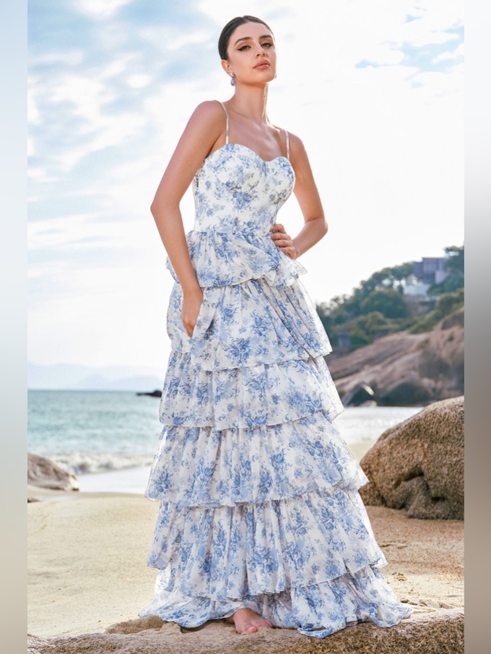 Romantic Blue Floral Tiered Maxi Dress with Spaghetti Straps